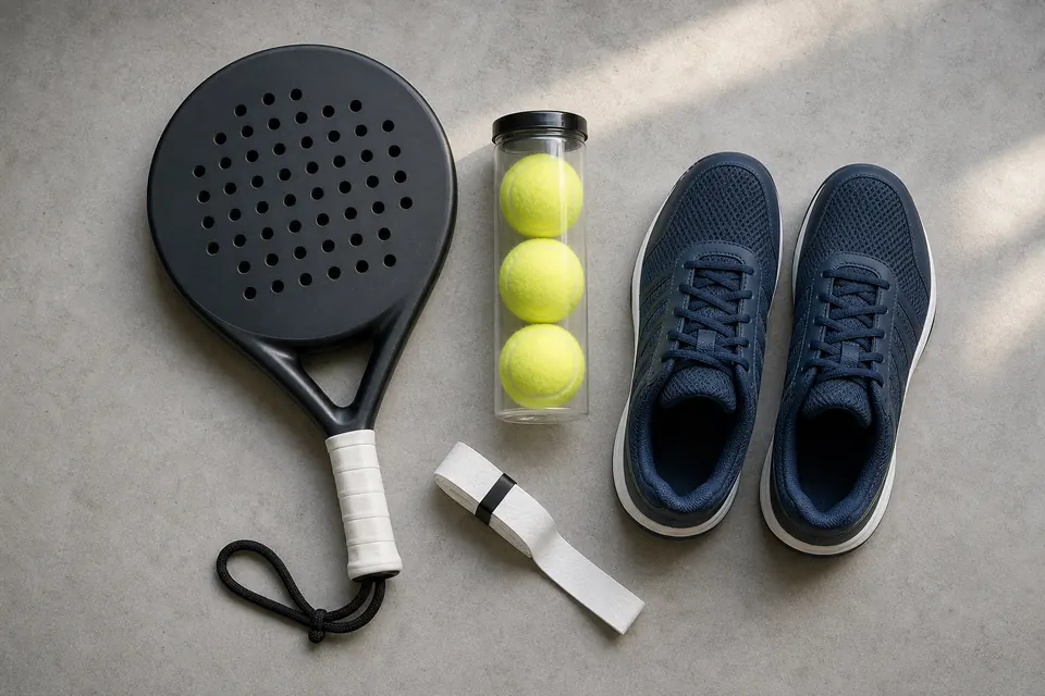 Material básico de pádel para principiantes con pala, pelotas, overgrip y zapatillas.