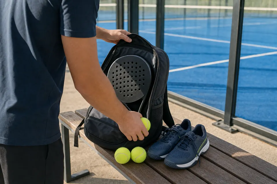 Jugador preparando su kit de pádel antes de entrar a la pista.